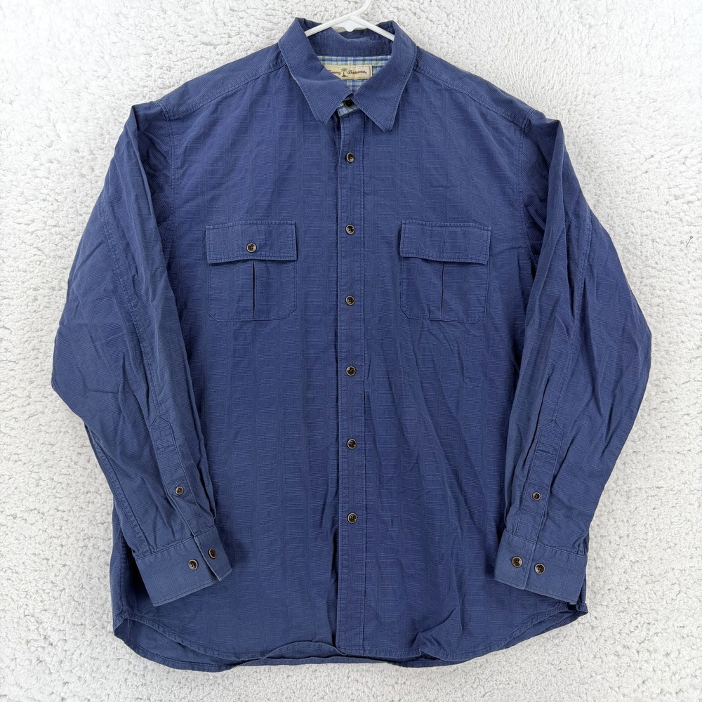 Tommy Bahama Shirt Mens Large Blue Check Cotton Silk Long Sleeve Button-Up